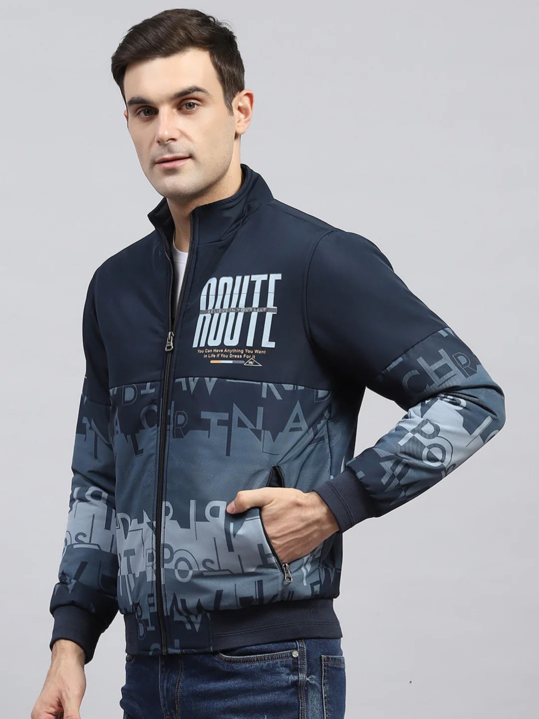 Men Navy Blue Printed Mock Neck Full Sleeve Jacket - Image 3