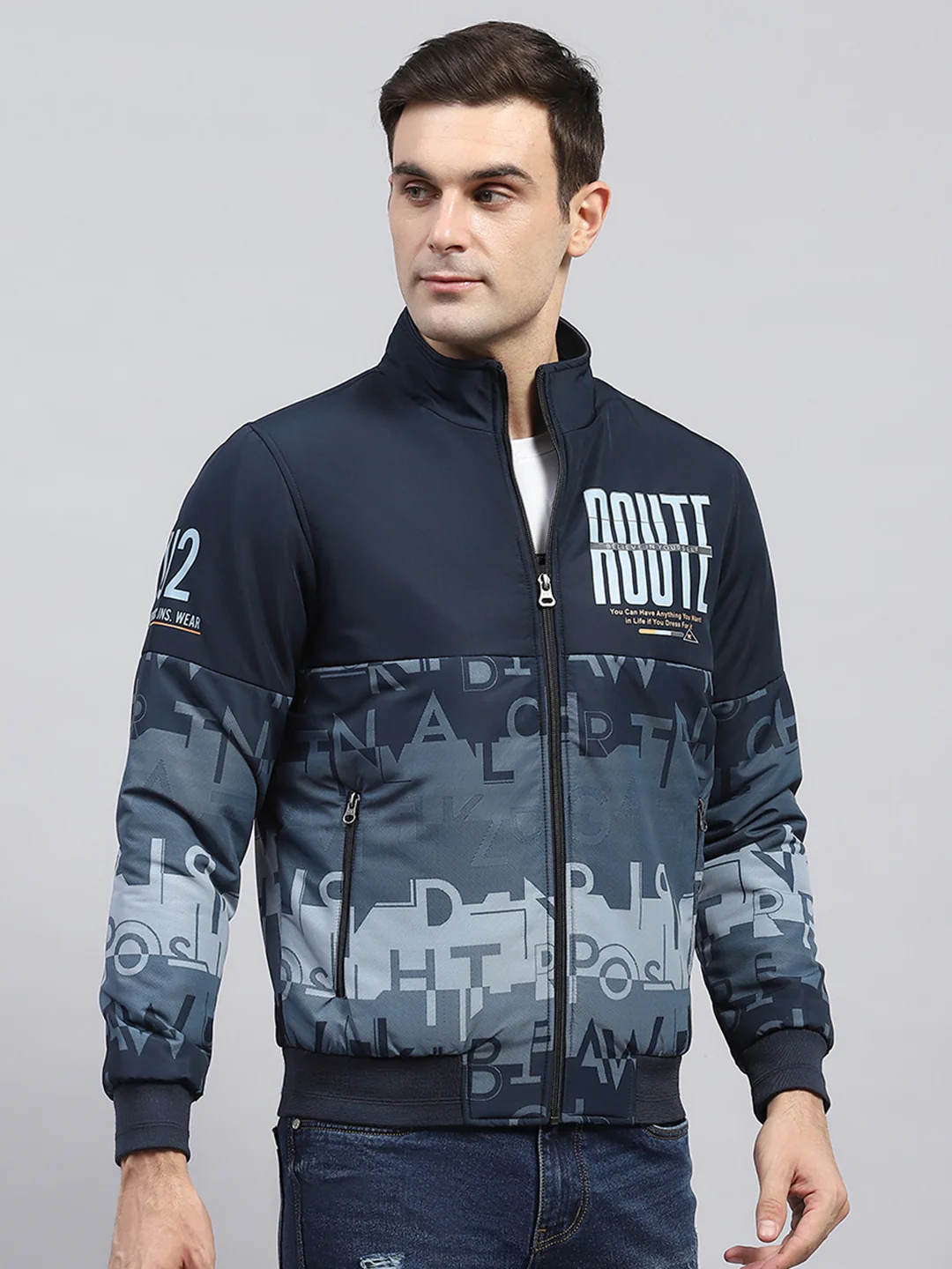 Men Navy Blue Printed Mock Neck Full Sleeve Jacket - Image 4