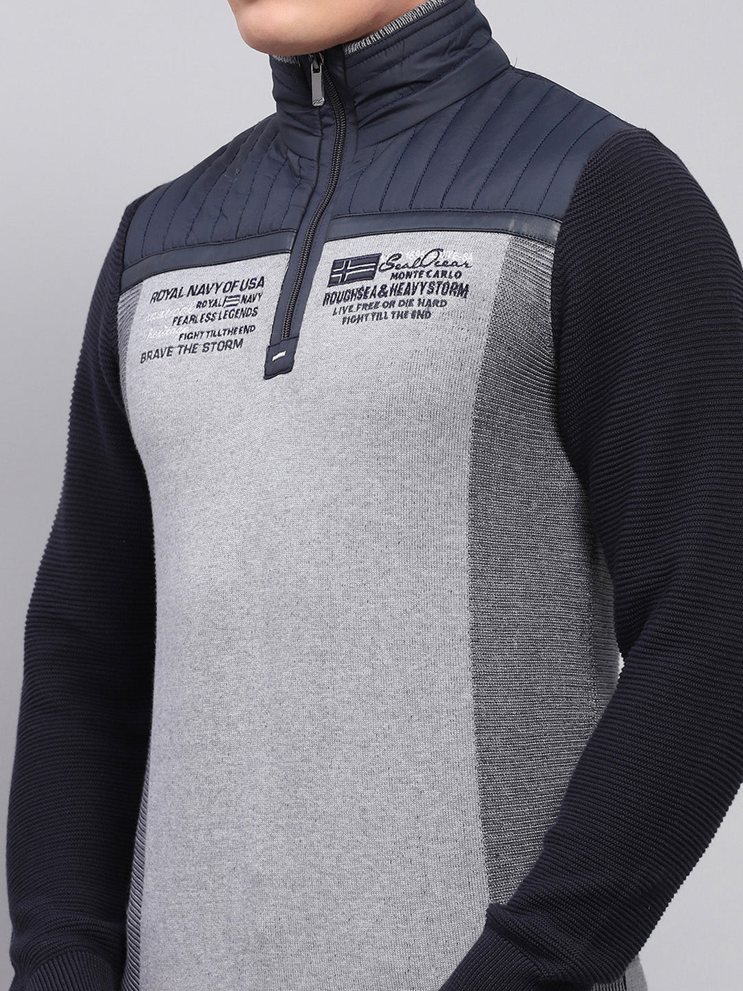 Men Navy Blue Printed Mock Neck Full Sleeve Pullover - Image 6