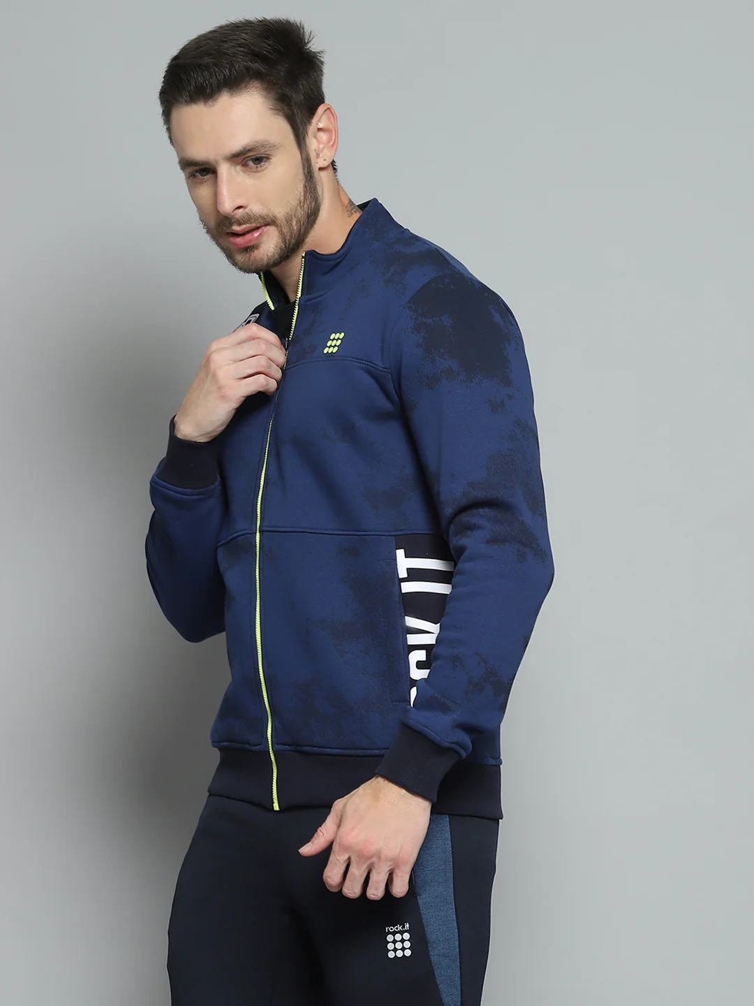 Rock.it Men Navy Blue Printed Mock Neck Full Sleeve Sweatshirt - Image 3