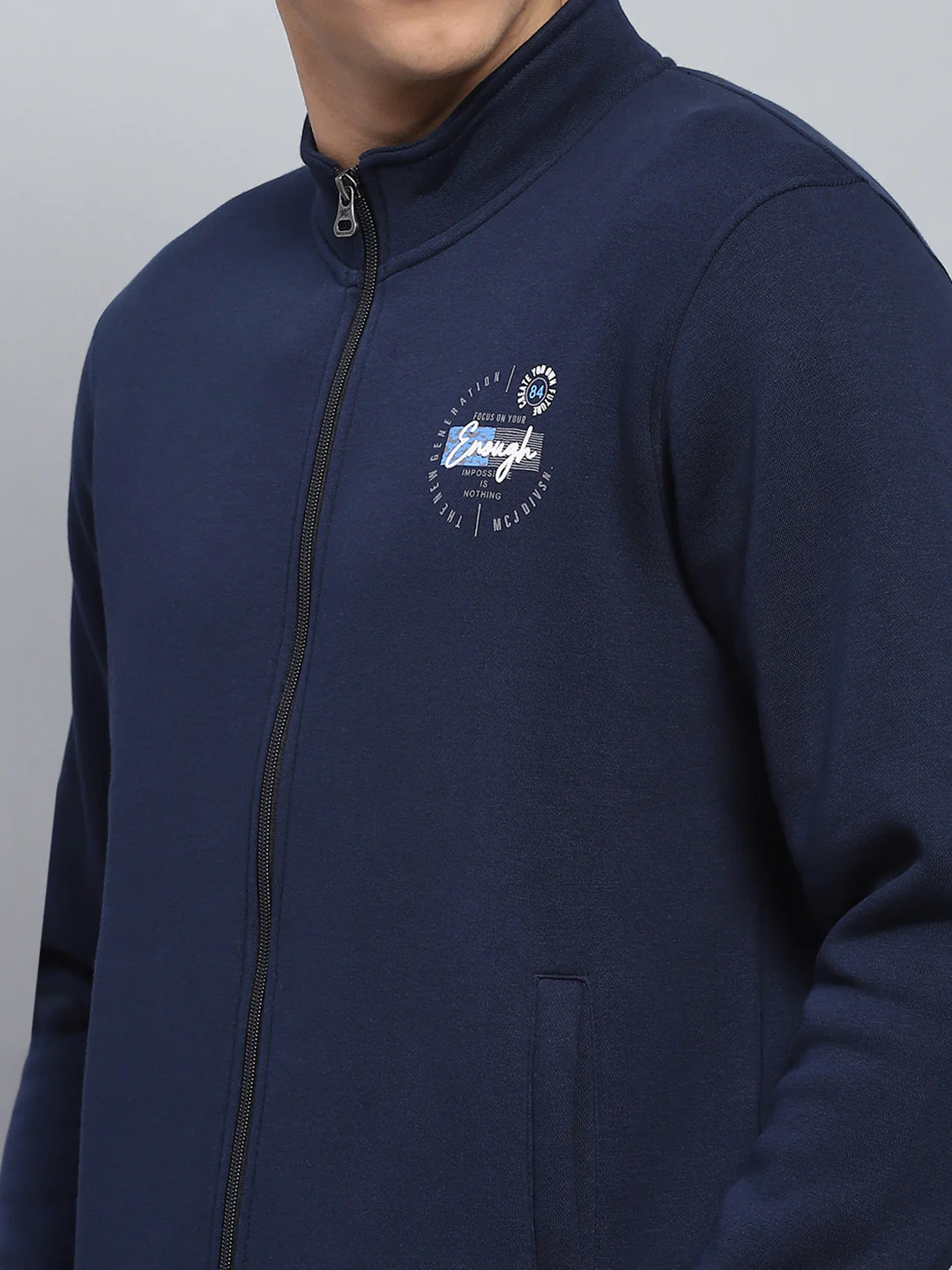 Men Navy Blue Printed Mock Neck Full Sleeve Sweatshirt - Image 6