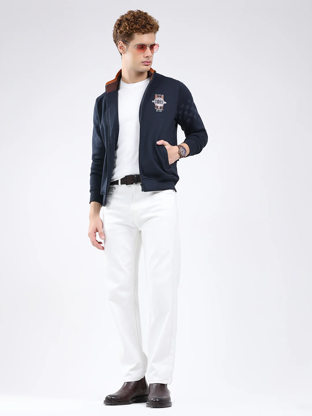 Men Navy Blue Printed Mock Neck Full Sleeve Sweatshirt - Image 2