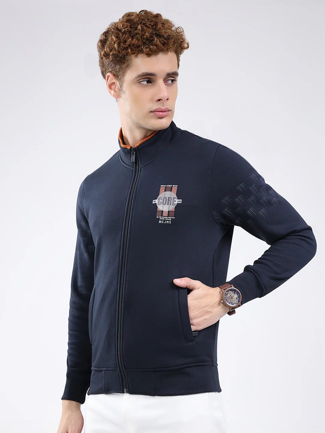 Men Navy Blue Printed Mock Neck Full Sleeve Sweatshirt - Image 3