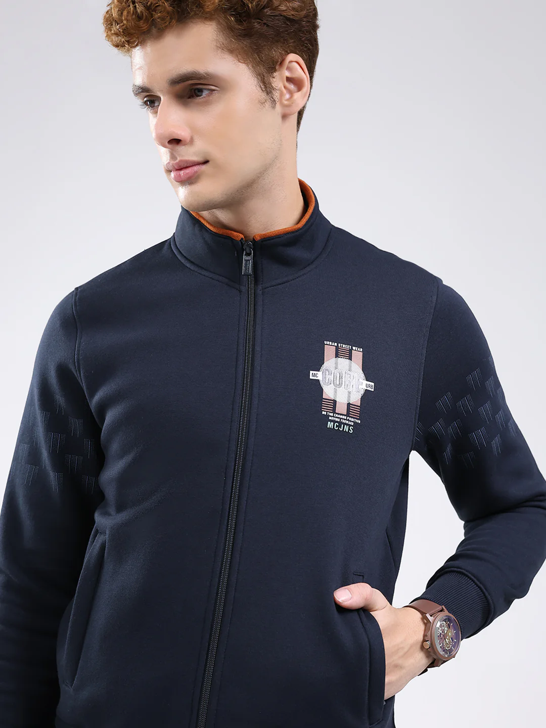Men Navy Blue Printed Mock Neck Full Sleeve Sweatshirt - Image 8