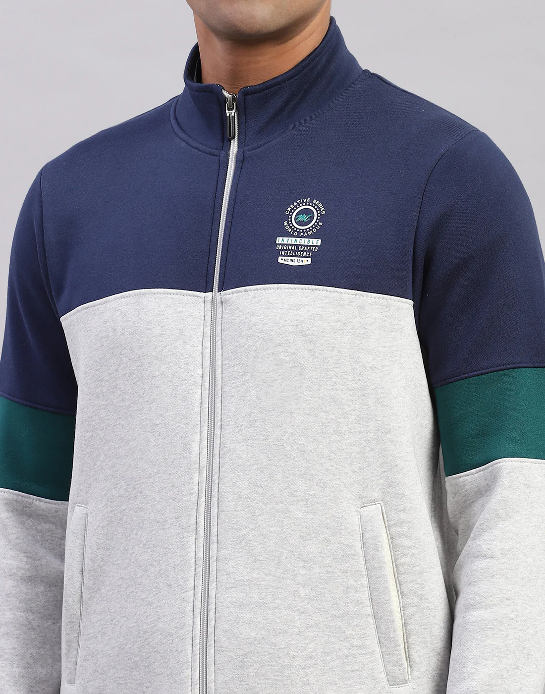Men Navy Blue Printed Mock Neck Full Sleeve Winter Tracksuit - Image 7