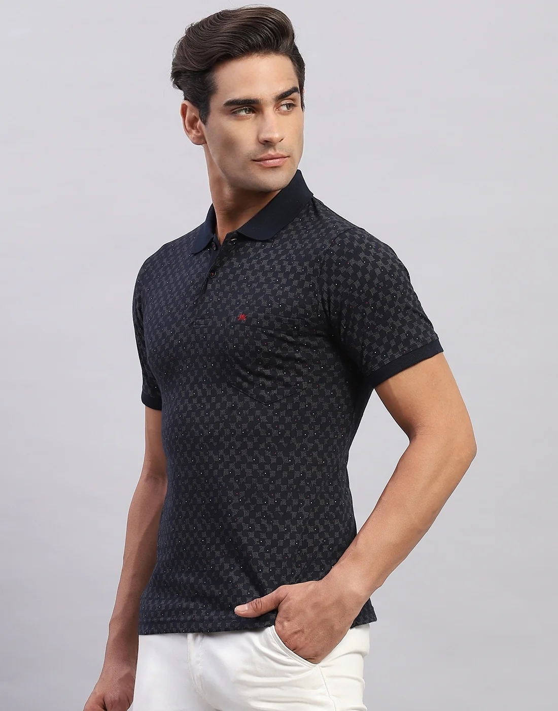 Men Navy Blue Printed Polo Collar Half Sleeve T-Shirt - Image 3