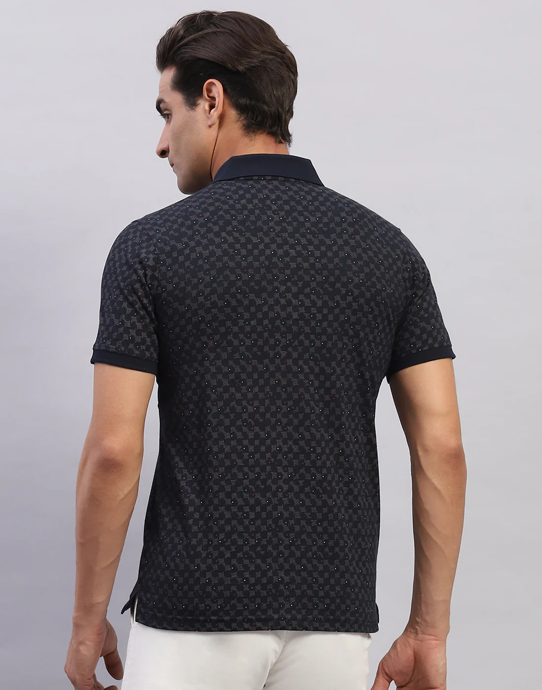 Men Navy Blue Printed Polo Collar Half Sleeve T-Shirt - Image 5
