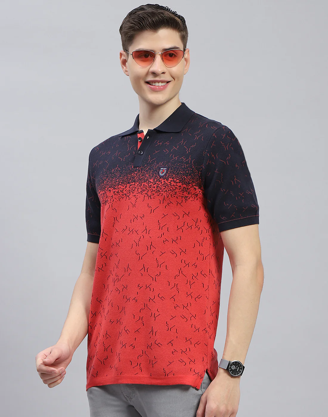 Men Navy Blue Printed Polo Collar Half Sleeve T-Shirt - Image 3