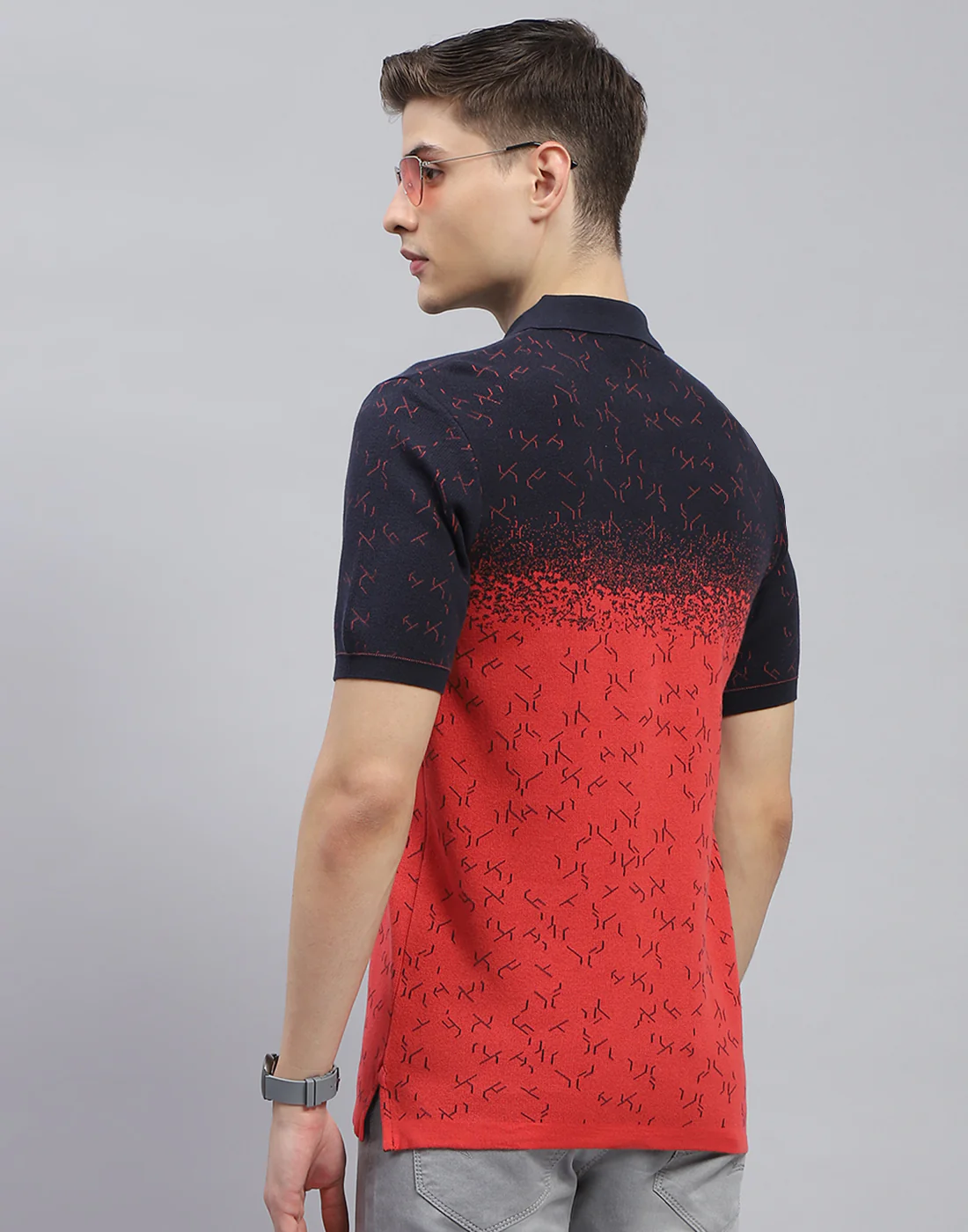 Men Navy Blue Printed Polo Collar Half Sleeve T-Shirt - Image 5