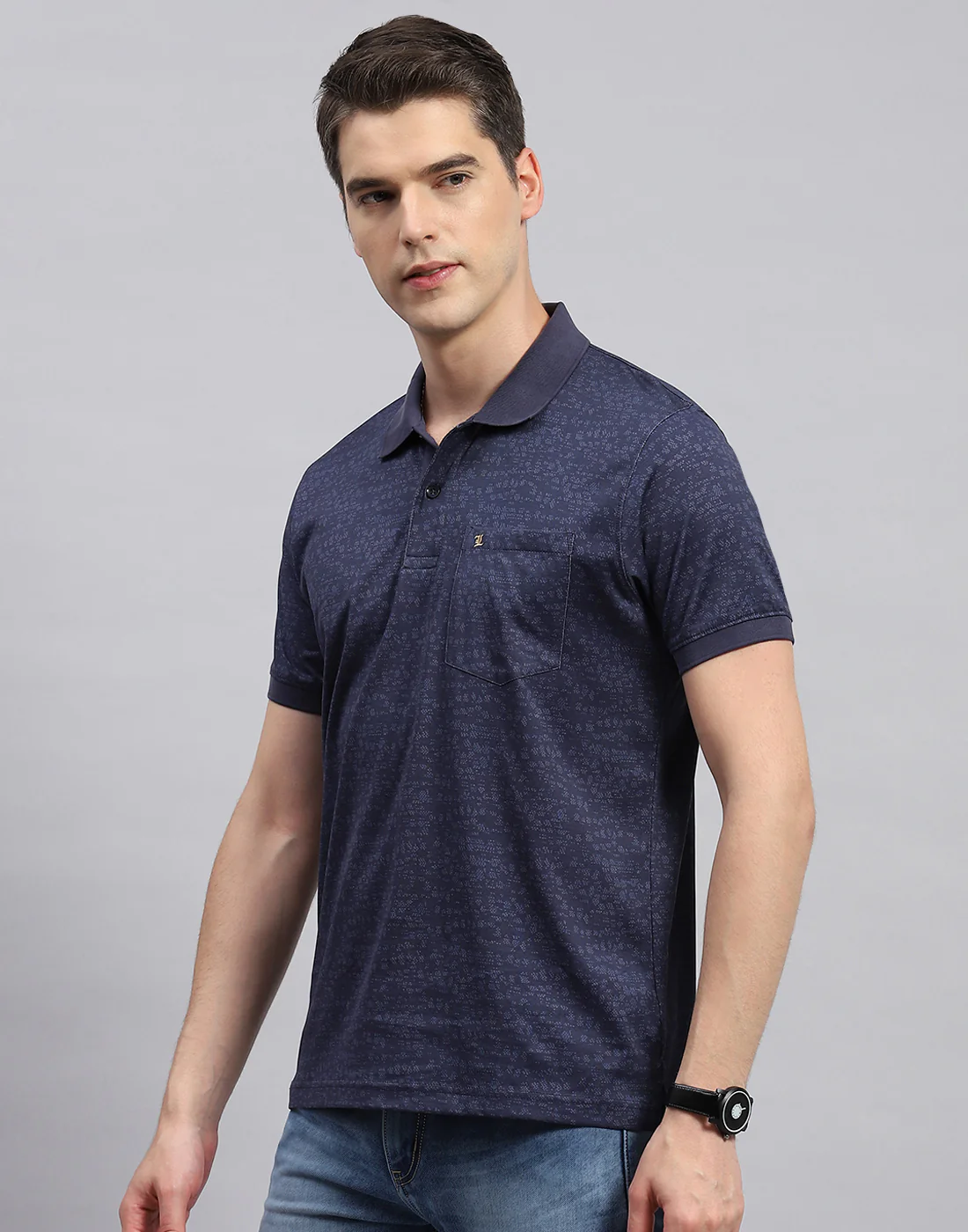 Men Navy Blue Printed Polo Collar Half Sleeve T-Shirt - Image 3