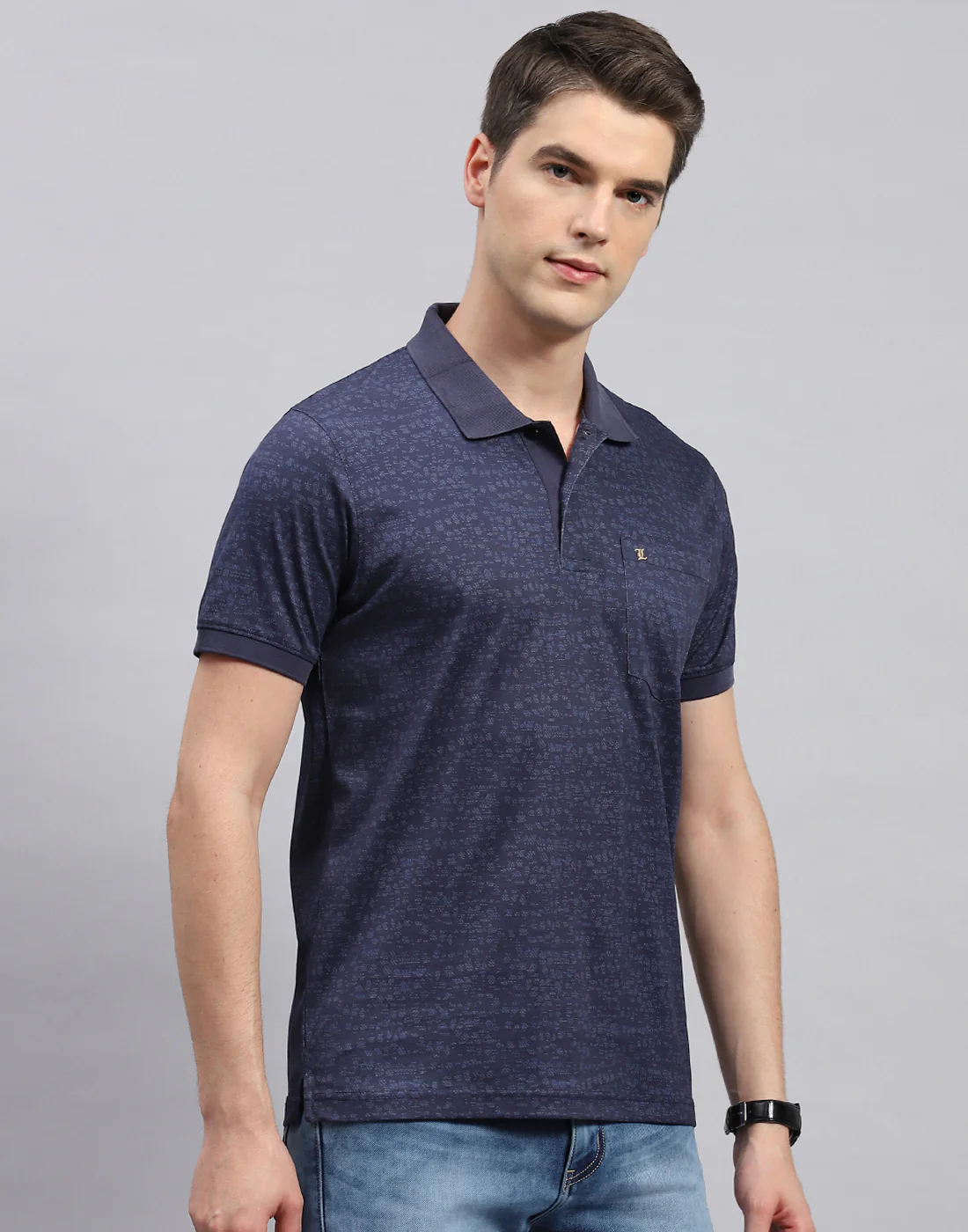 Men Navy Blue Printed Polo Collar Half Sleeve T-Shirt - Image 4