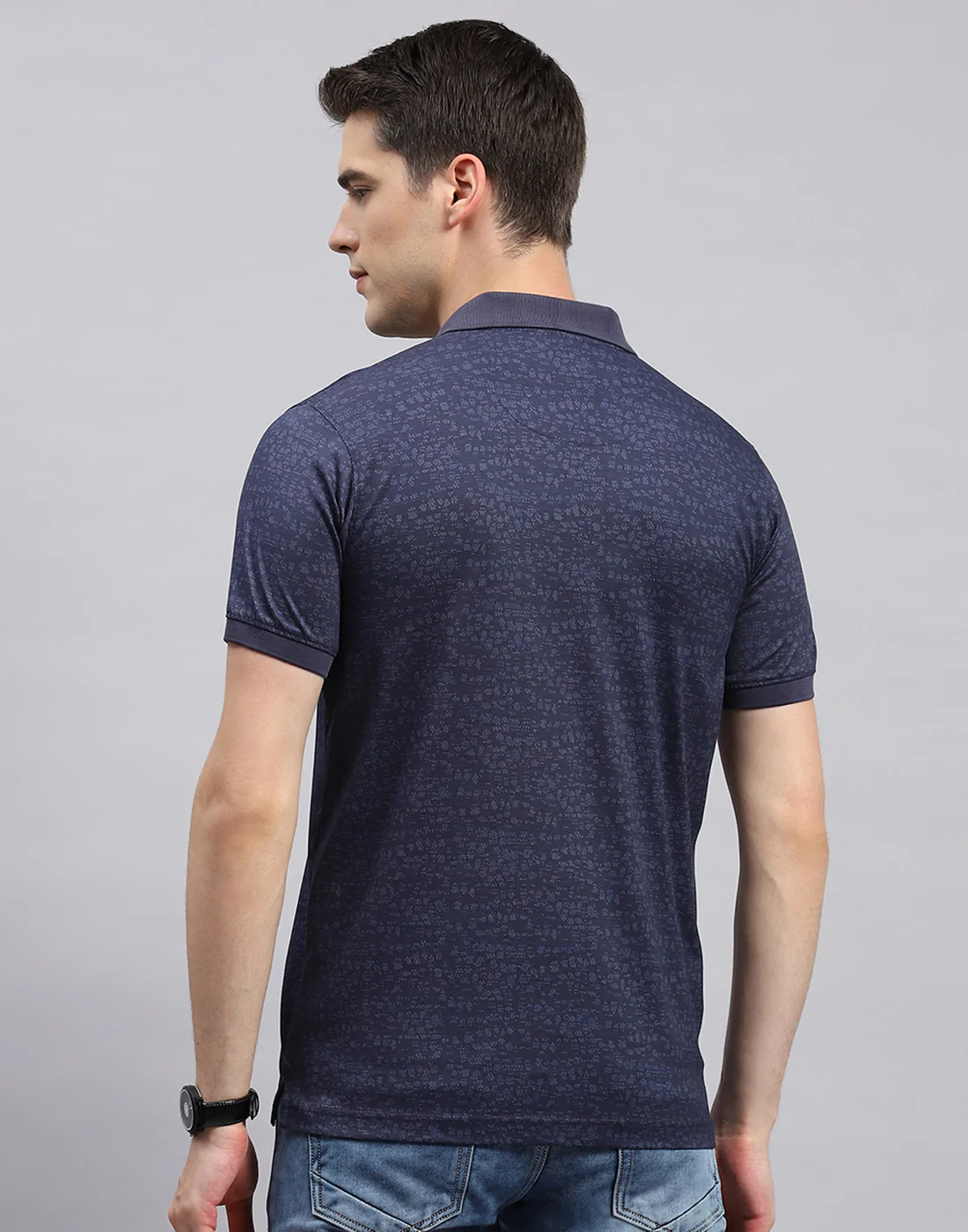 Men Navy Blue Printed Polo Collar Half Sleeve T-Shirt - Image 5