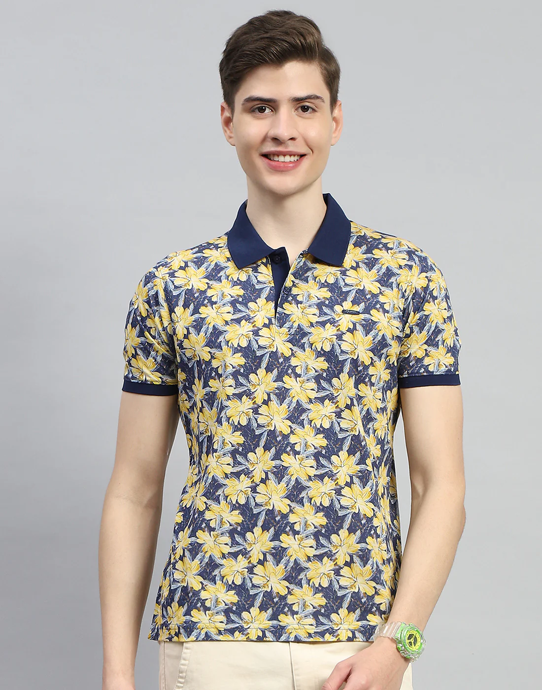 Men Navy Blue Printed Polo Collar Half Sleeve T-Shirt - Image 3