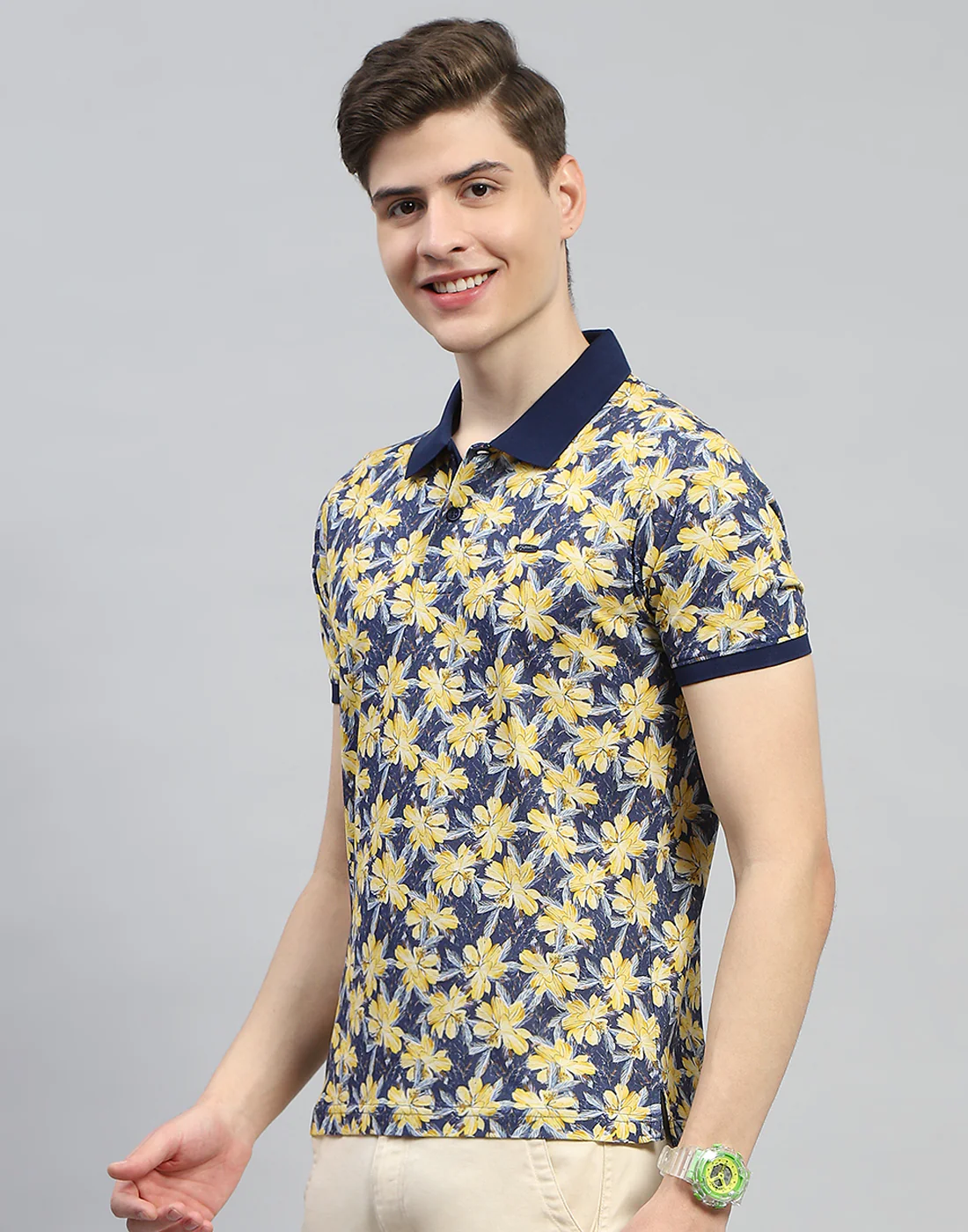 Men Navy Blue Printed Polo Collar Half Sleeve T-Shirt - Image 4