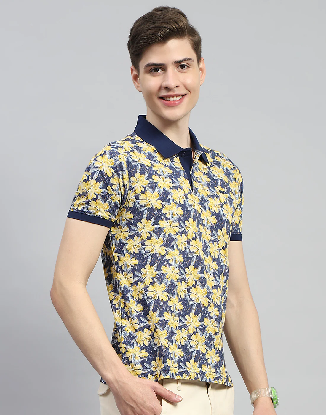 Men Navy Blue Printed Polo Collar Half Sleeve T-Shirt - Image 5
