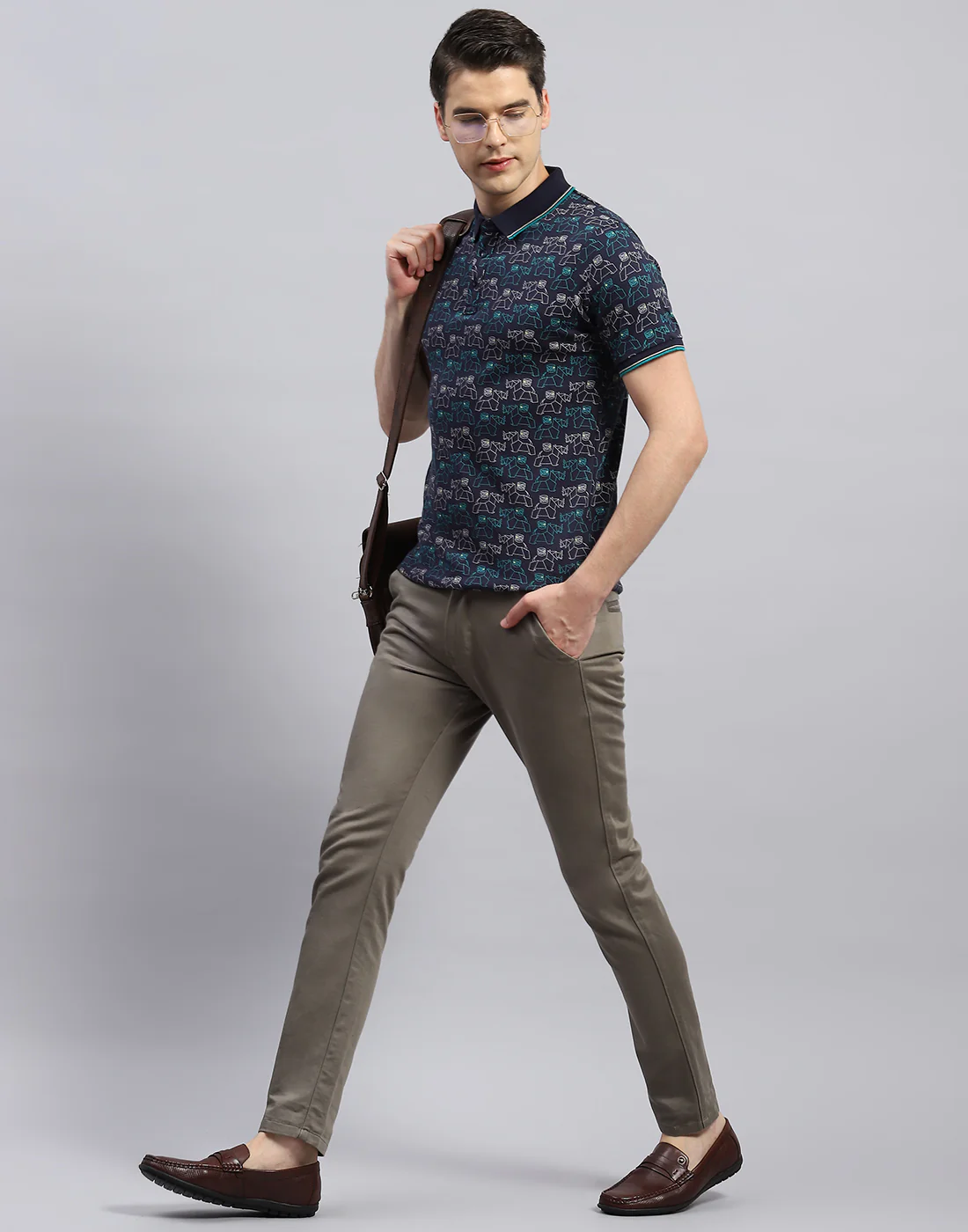 Men Navy Blue Printed Polo Collar Half Sleeve T-Shirt - Image 2