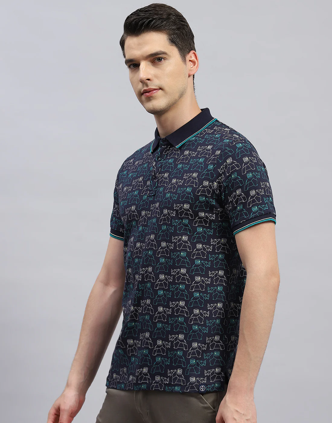 Men Navy Blue Printed Polo Collar Half Sleeve T-Shirt - Image 3