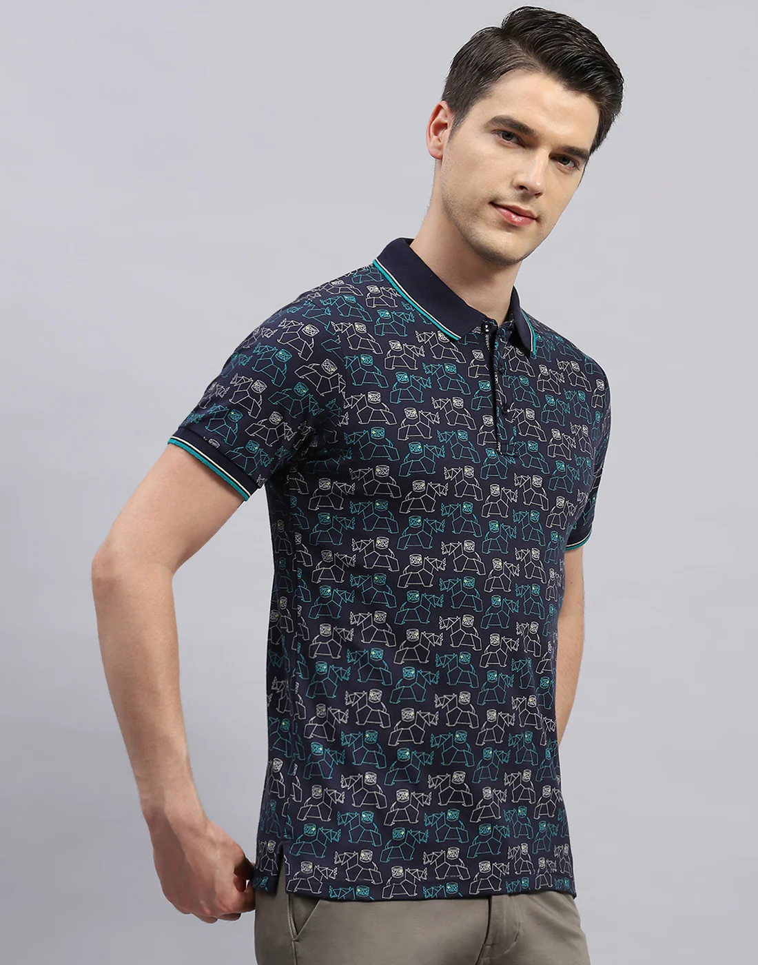 Men Navy Blue Printed Polo Collar Half Sleeve T-Shirt - Image 4