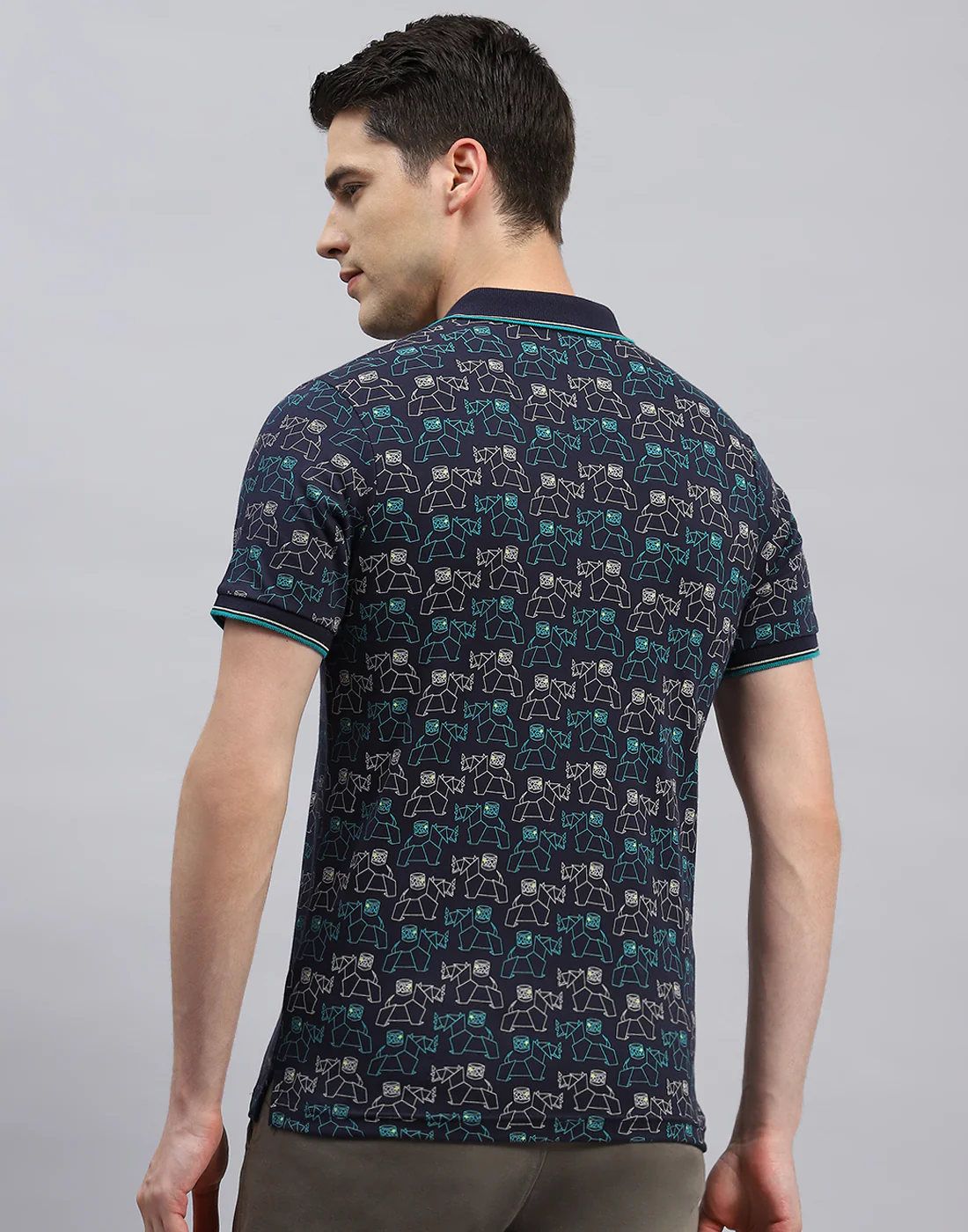Men Navy Blue Printed Polo Collar Half Sleeve T-Shirt - Image 5