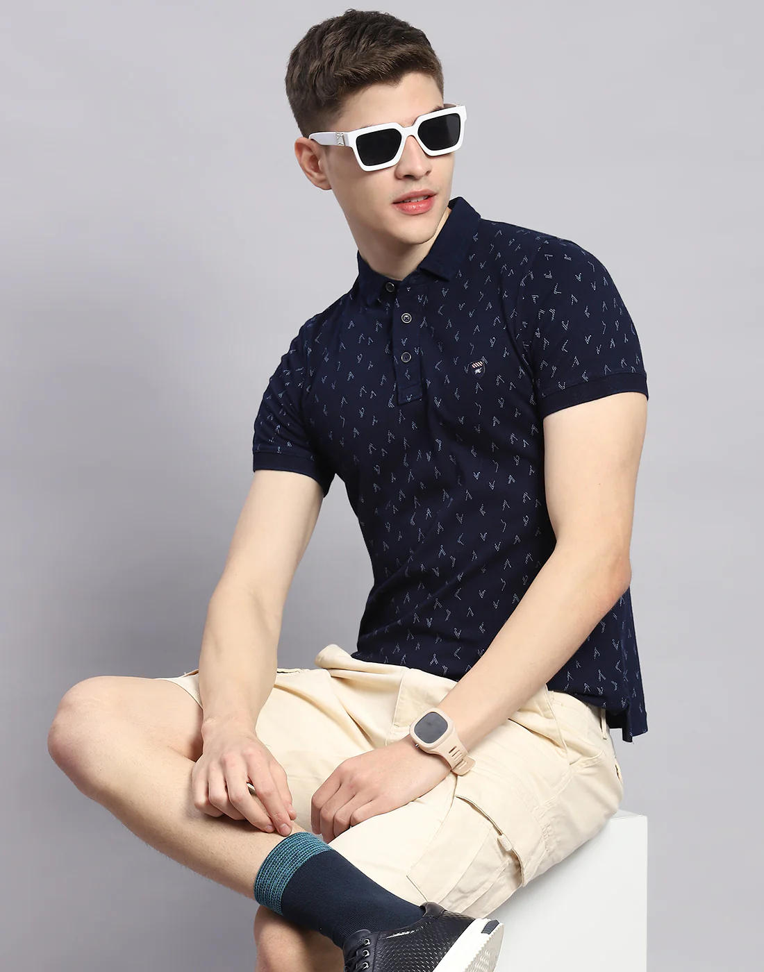 Men Navy Blue Printed Polo Collar Half Sleeve T-Shirt - Image 2