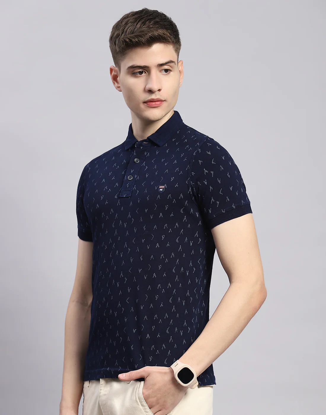 Men Navy Blue Printed Polo Collar Half Sleeve T-Shirt - Image 4
