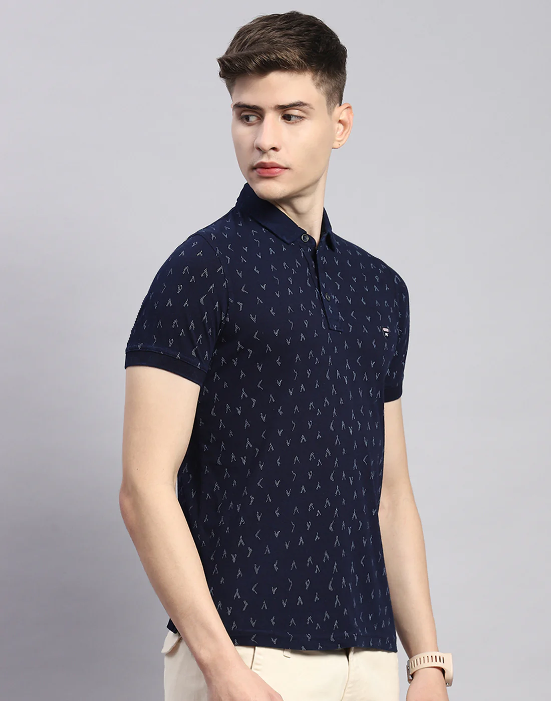 Men Navy Blue Printed Polo Collar Half Sleeve T-Shirt - Image 5