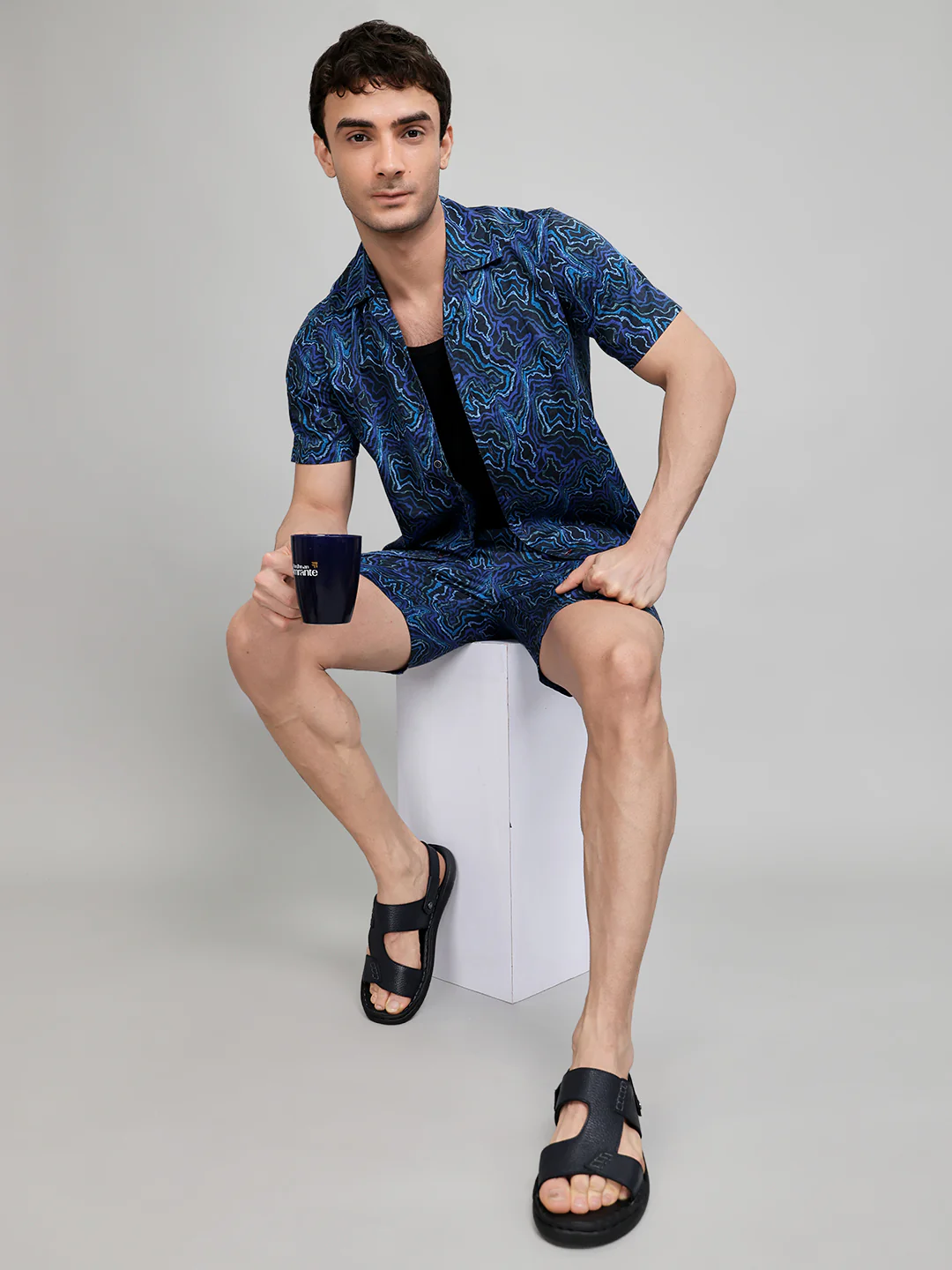 Men Navy Blue Printed Revere Collar Half Sleeve Cords Set - Image 7