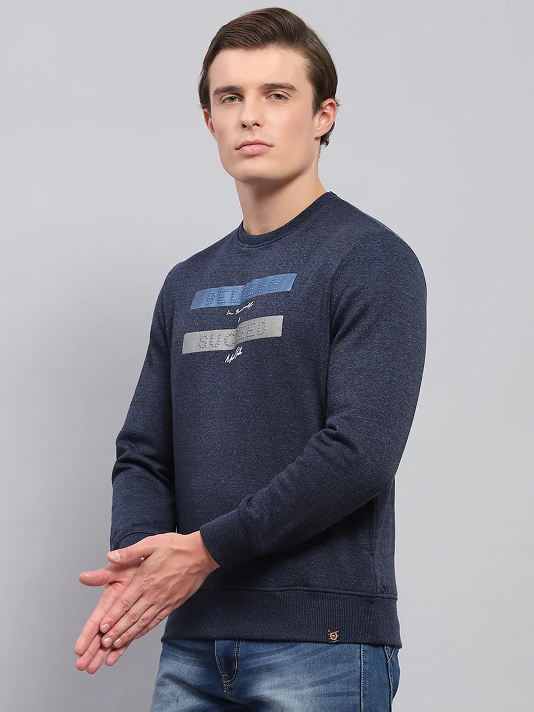 Men Navy Blue Printed Round Neck Full Sleeve Sweatshirt - Image 3