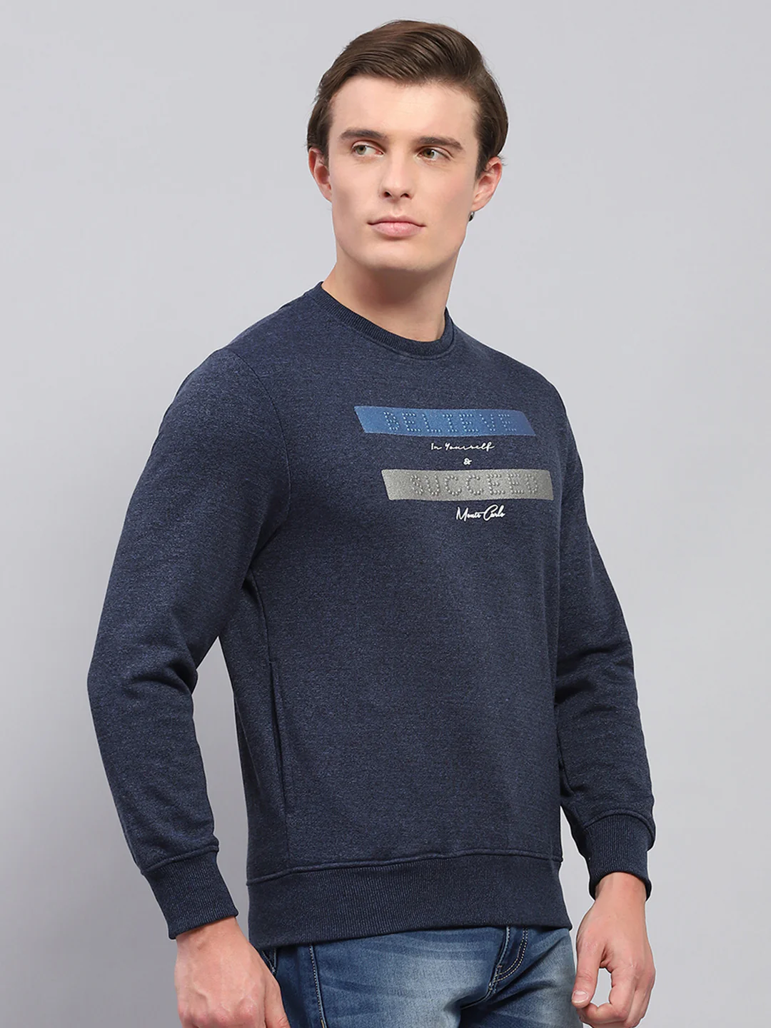 Men Navy Blue Printed Round Neck Full Sleeve Sweatshirt - Image 4