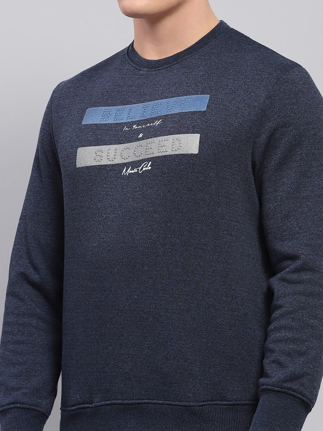 Men Navy Blue Printed Round Neck Full Sleeve Sweatshirt - Image 6