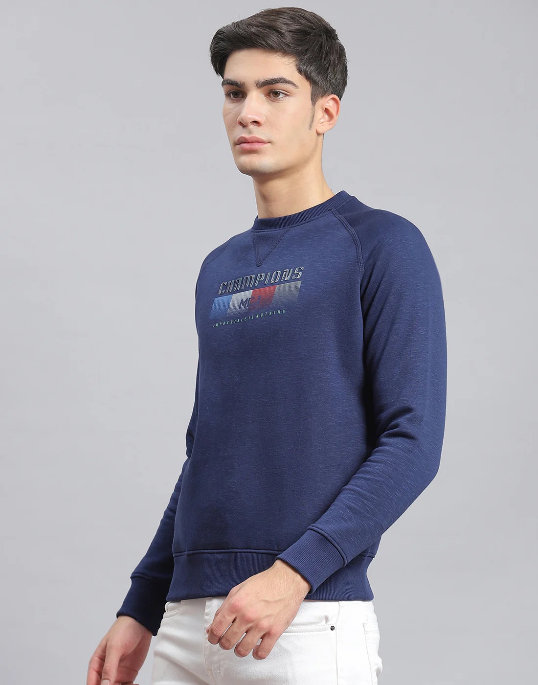 Men Navy Blue Printed Round Neck Full Sleeve Sweatshirt - Image 3
