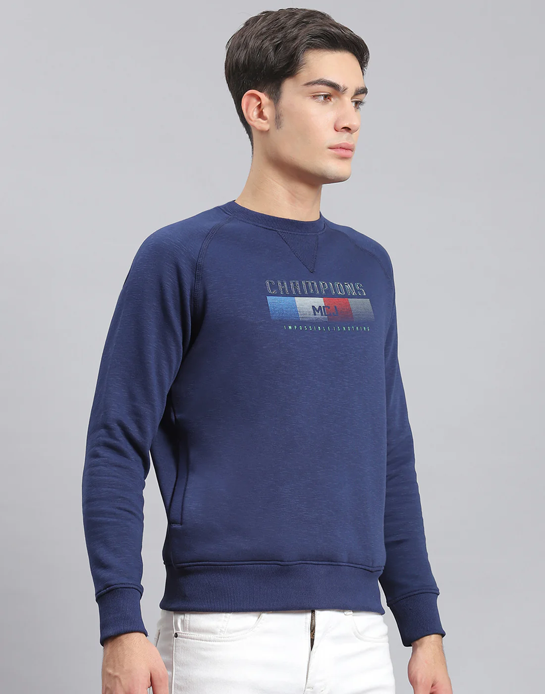 Men Navy Blue Printed Round Neck Full Sleeve Sweatshirt - Image 4
