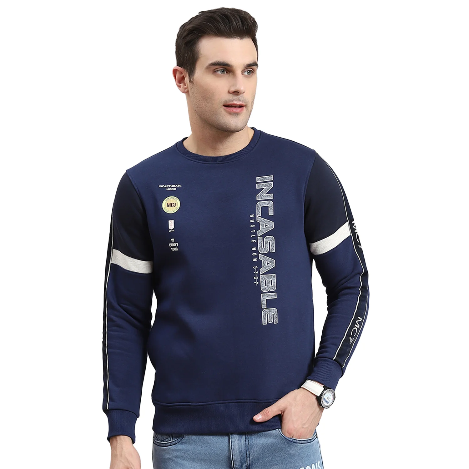 Men Navy Blue Printed Round Neck Full Sleeve Sweatshirt - Image 5