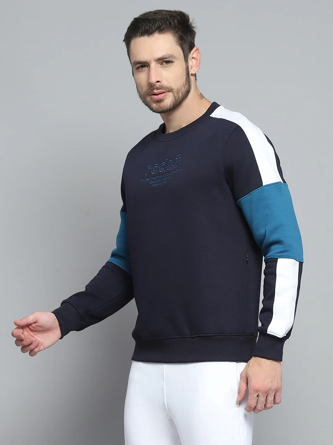 Rock.it Men Navy Blue Printed Round Neck Full Sleeve Sweatshirt - Image 3