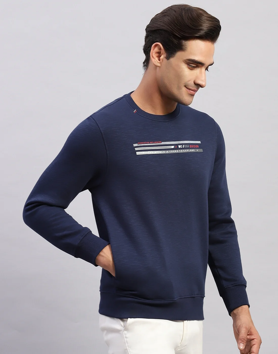 Men Navy Blue Printed Round Neck Full Sleeve Sweatshirt - Image 4