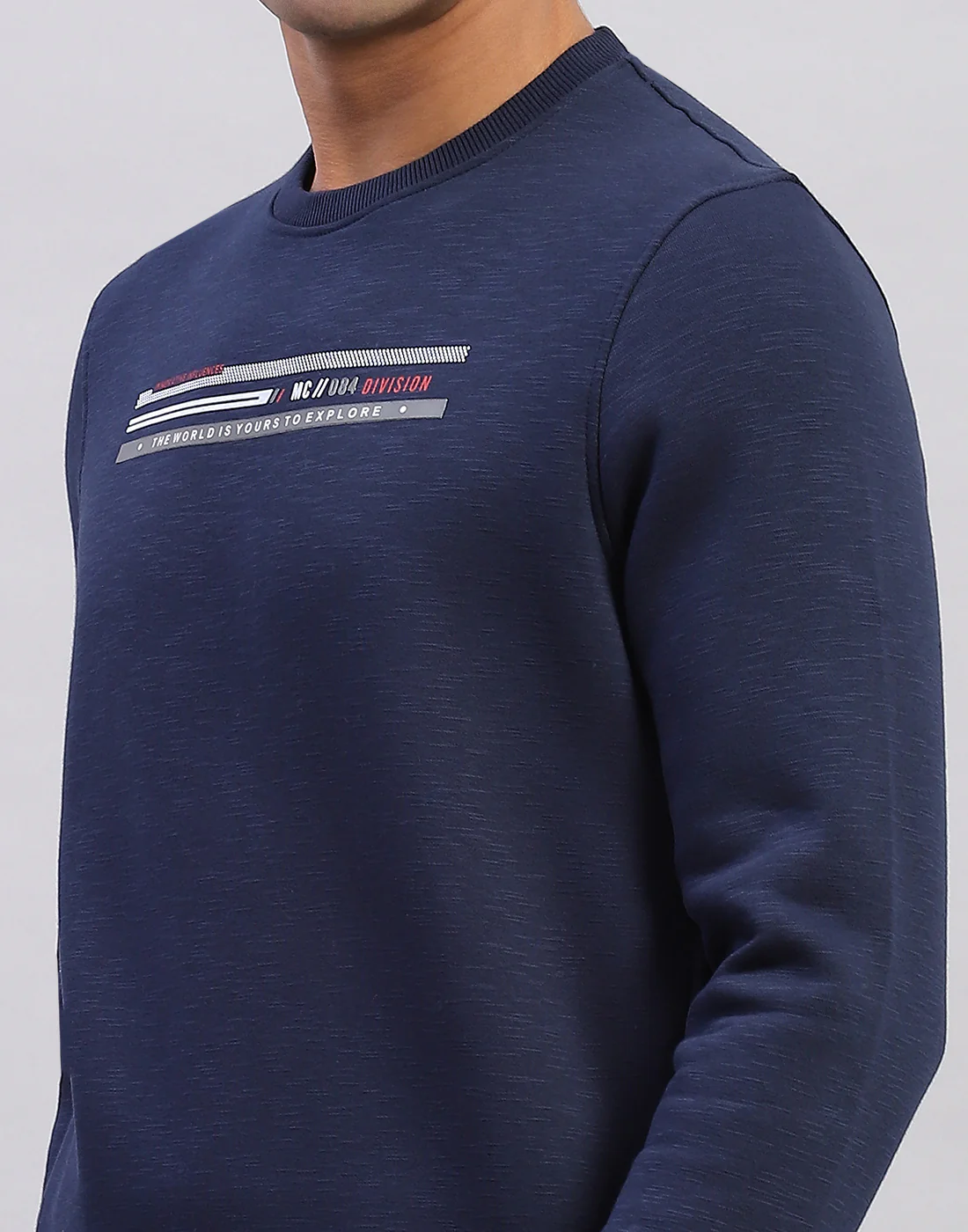 Men Navy Blue Printed Round Neck Full Sleeve Sweatshirt - Image 6