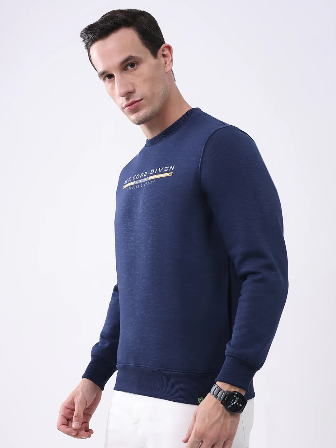 Men Navy Blue Printed Round Neck Full Sleeve Sweatshirt - Image 3