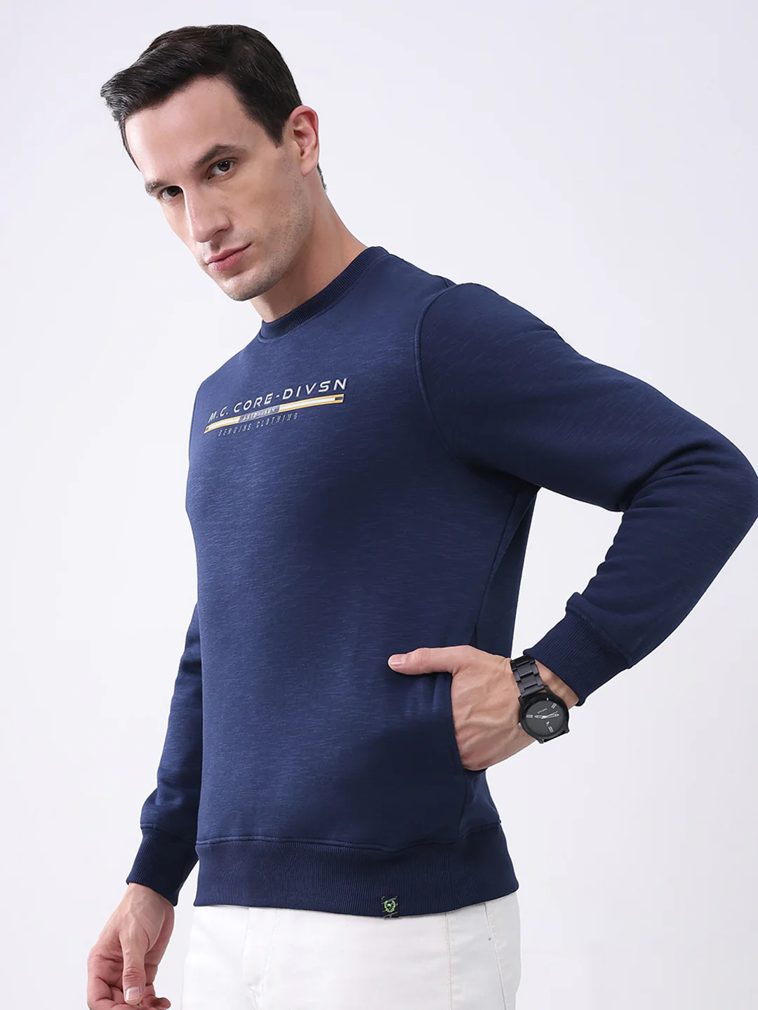 Men Navy Blue Printed Round Neck Full Sleeve Sweatshirt - Image 6