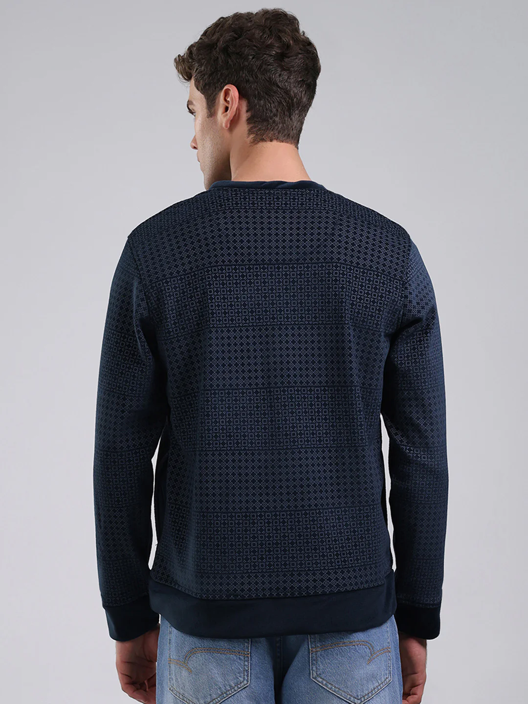 Men Navy Blue Printed Round Neck Full Sleeve Sweatshirt - Image 5