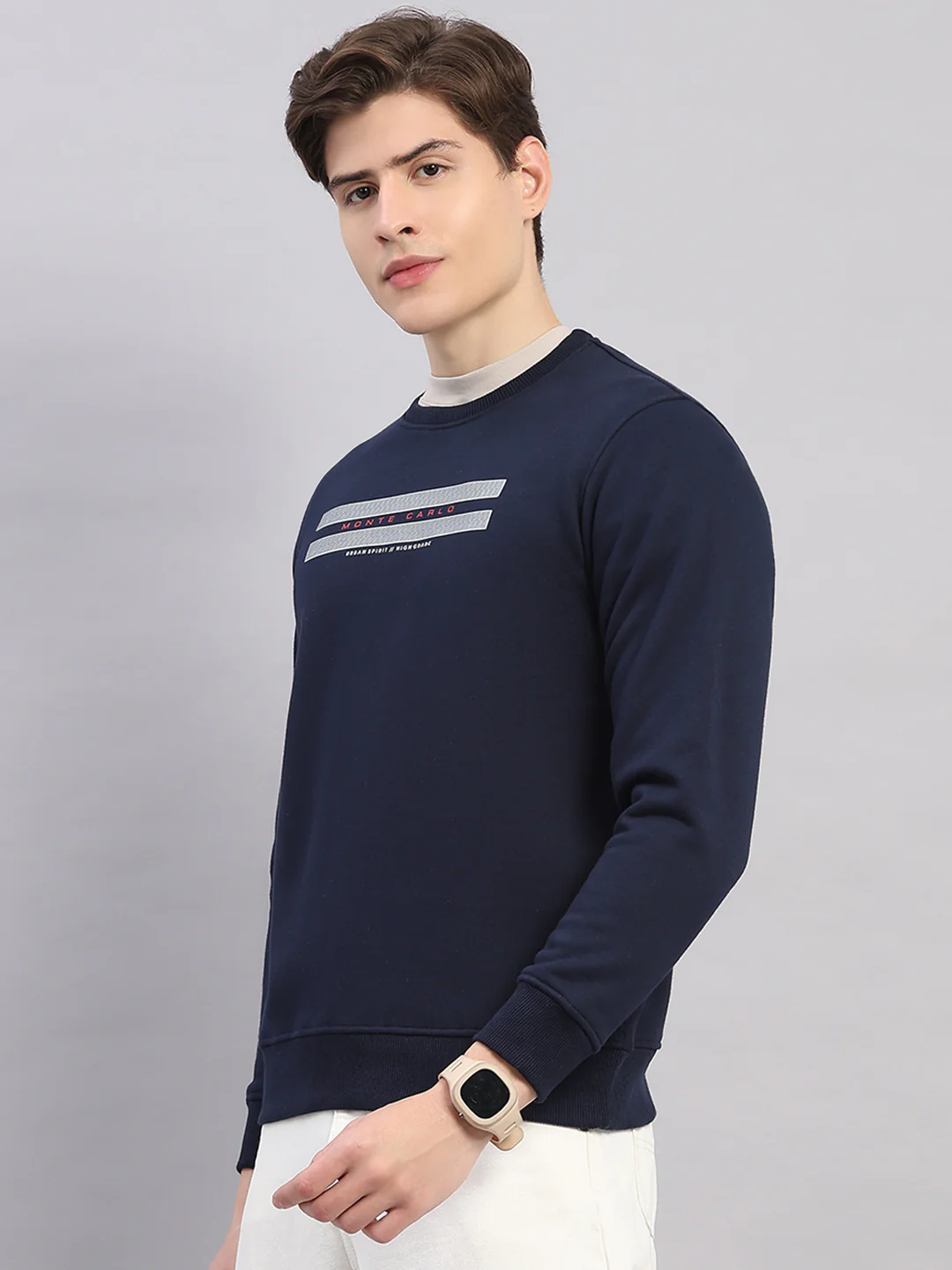 Men Navy Blue Printed Round Neck Full Sleeve Sweatshirt - Image 3