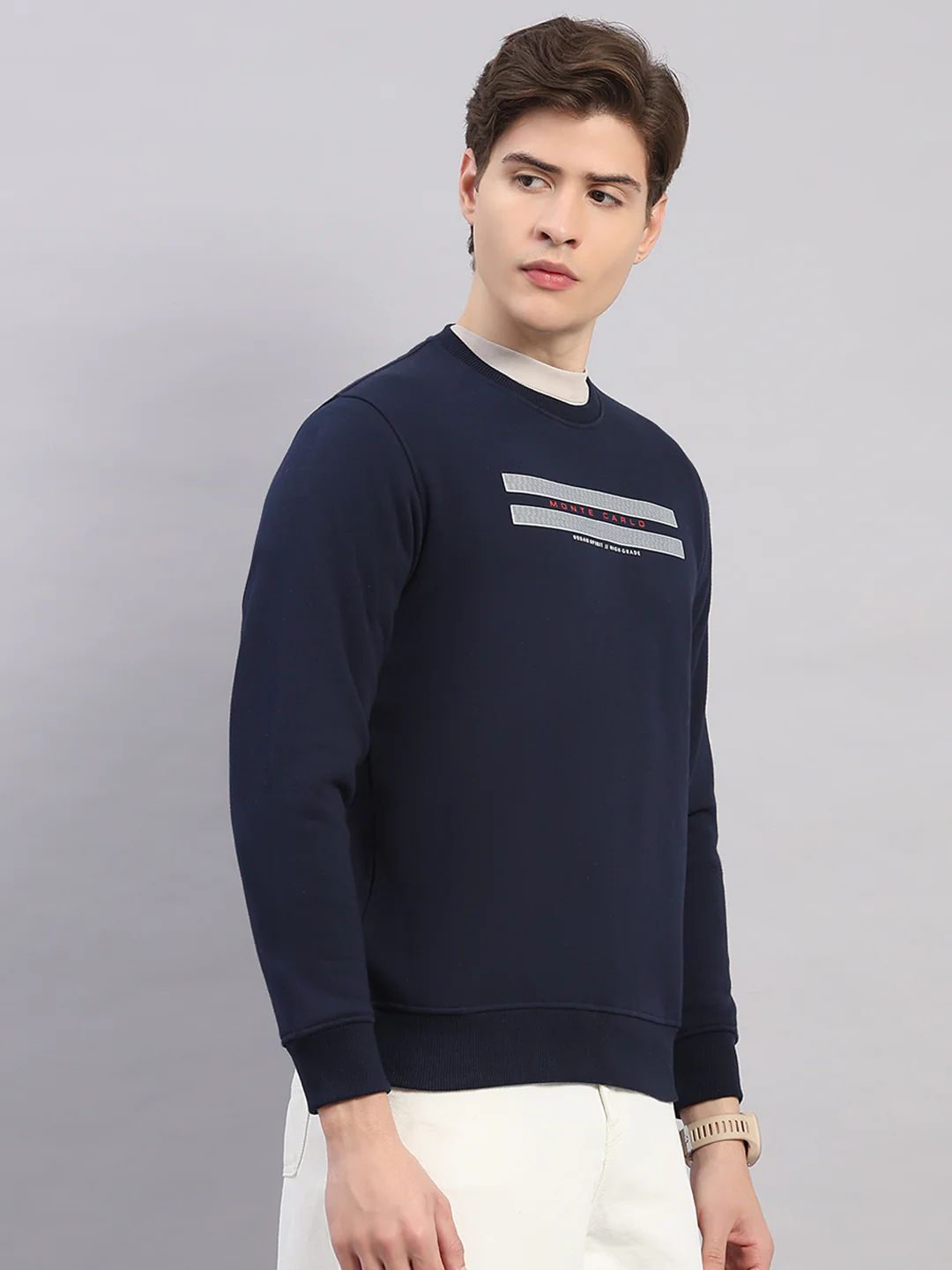 Men Navy Blue Printed Round Neck Full Sleeve Sweatshirt - Image 4