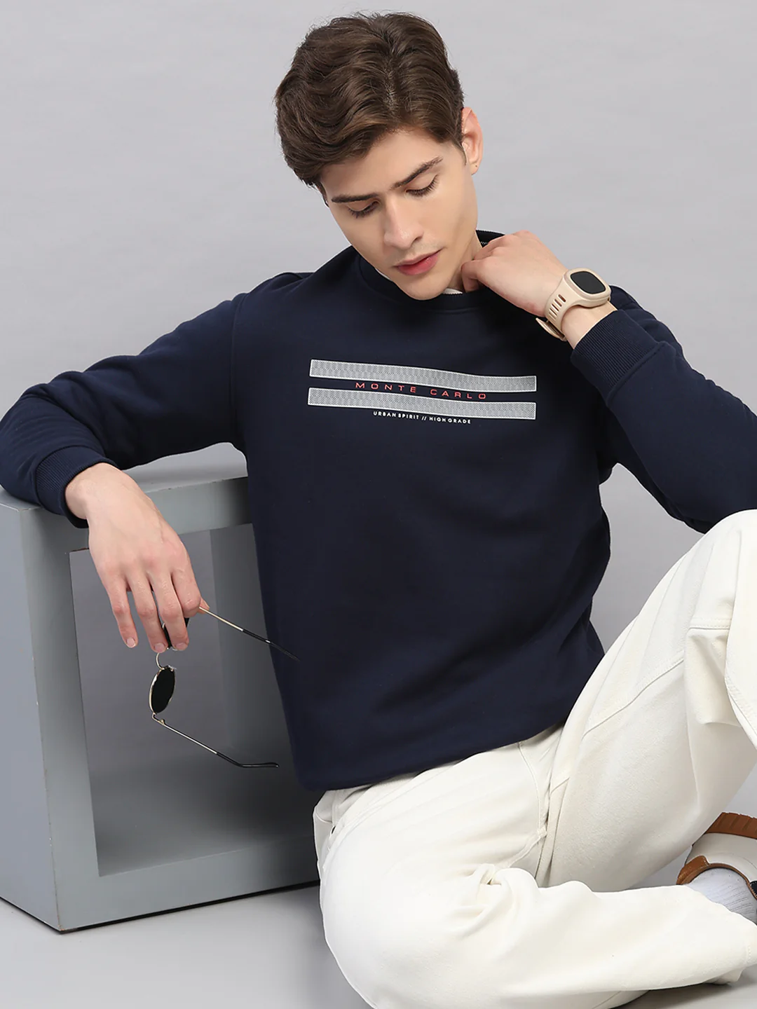 Men Navy Blue Printed Round Neck Full Sleeve Sweatshirt - Image 6