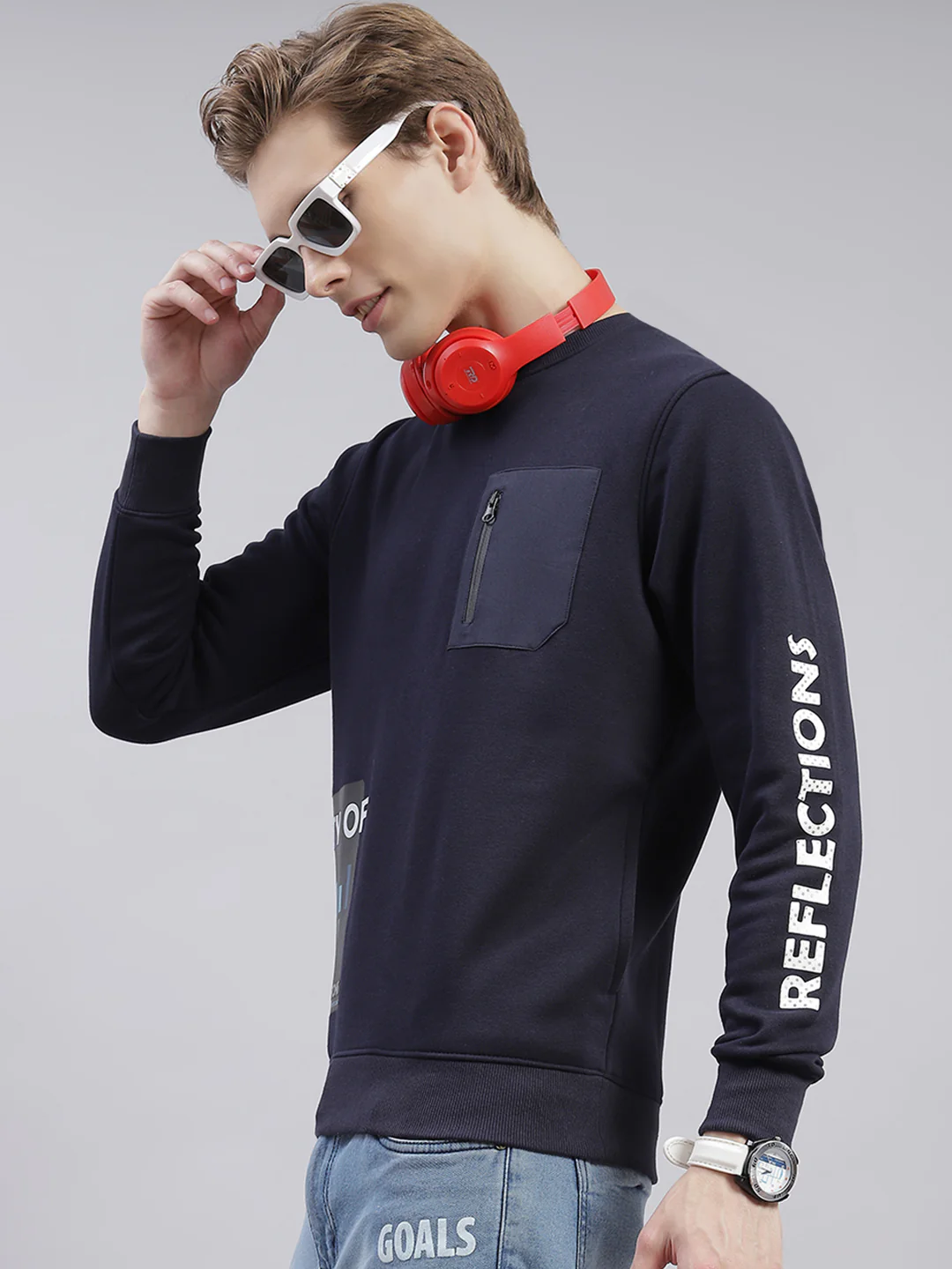 Men Navy Blue Printed Round Neck Full Sleeve Sweatshirts - Image 2