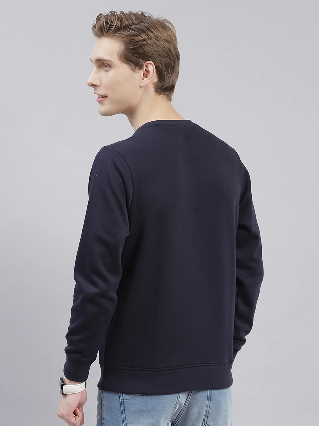 Men Navy Blue Printed Round Neck Full Sleeve Sweatshirts - Image 6