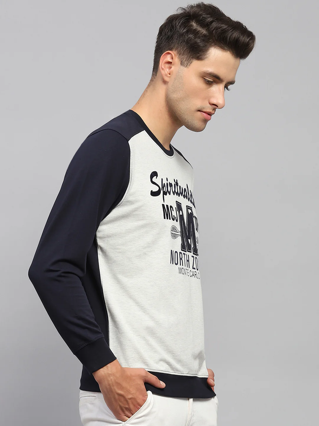 Men Navy Blue Printed Round Neck Full Sleeve T-Shirt - Image 4