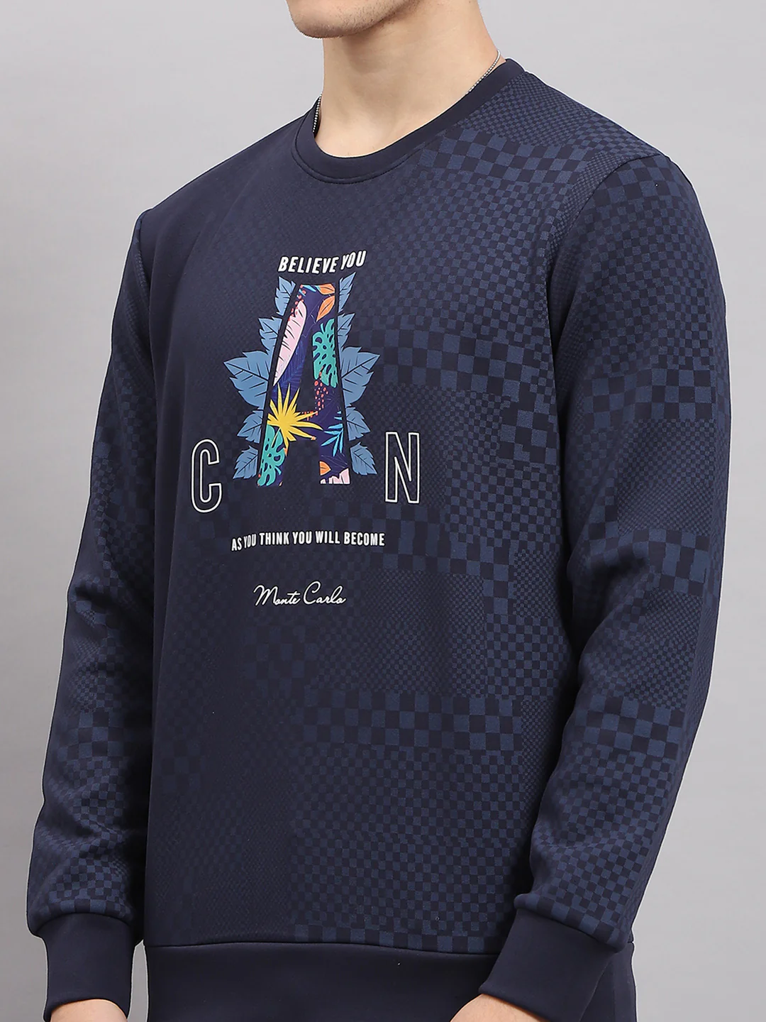 Men Navy Blue Printed Round Neck Full Sleeve T-Shirt - Image 6