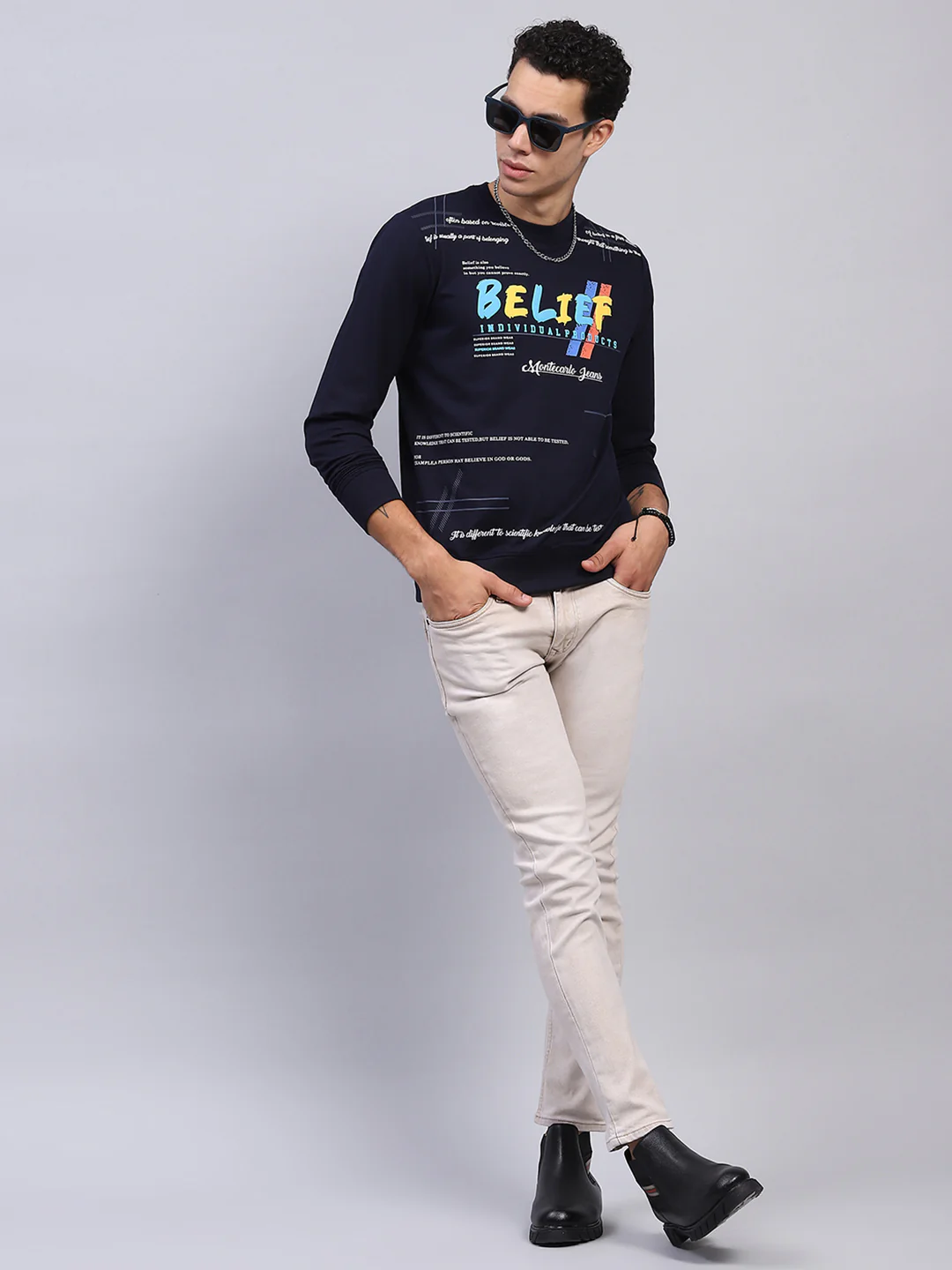 Men Navy Blue Printed Round Neck Full Sleeve Winter T-Shirt - Image 2