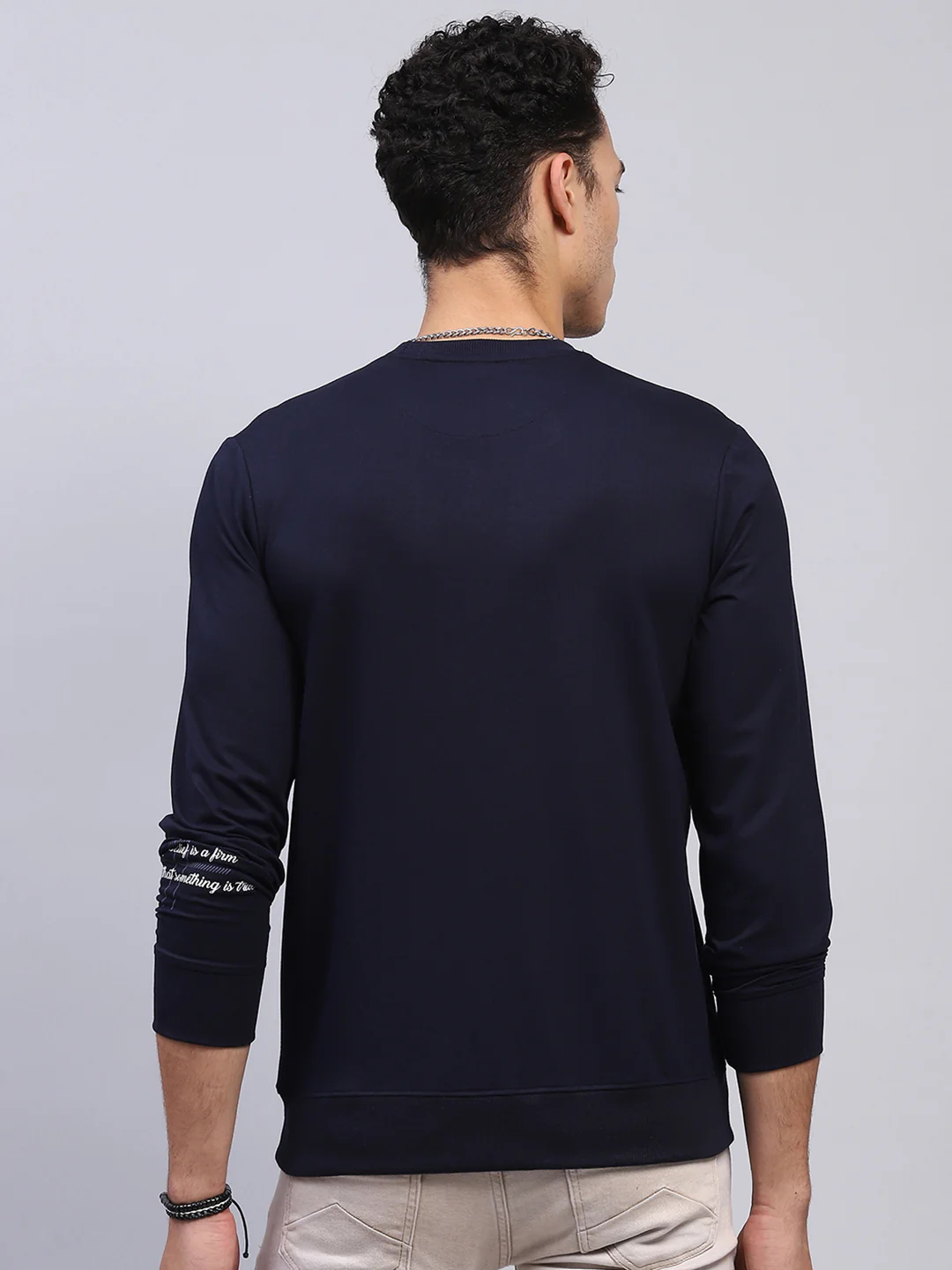 Men Navy Blue Printed Round Neck Full Sleeve Winter T-Shirt - Image 5
