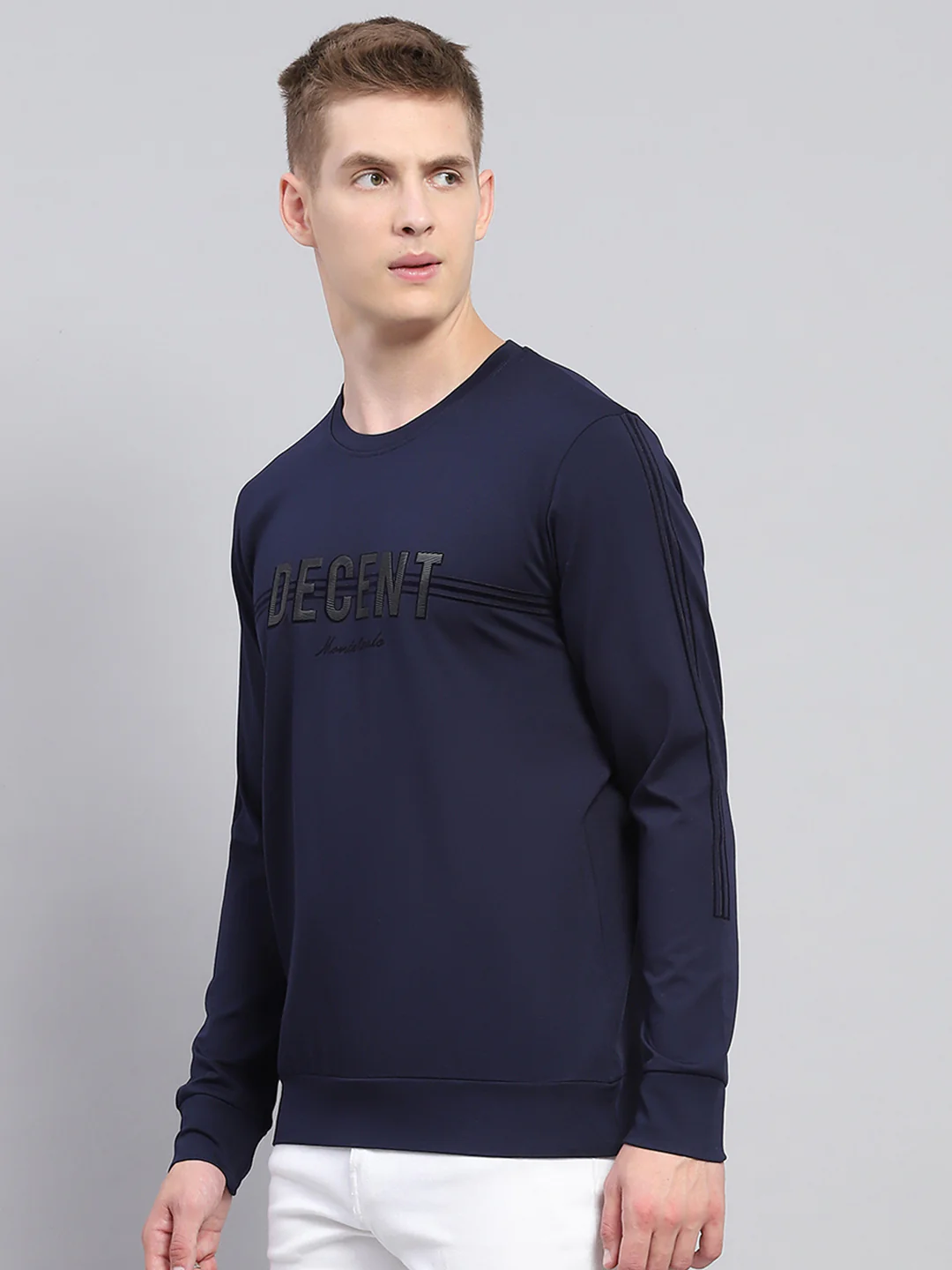 Men Navy Blue Printed Round Neck Full Sleeve Winter T-Shirt - Image 3