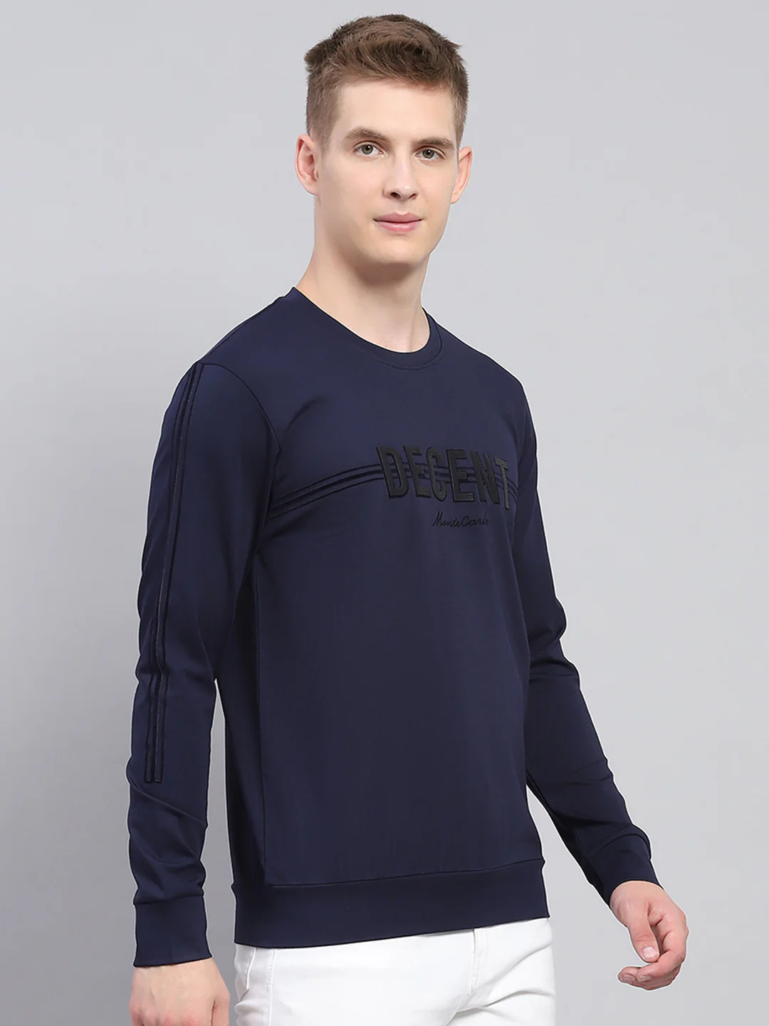 Men Navy Blue Printed Round Neck Full Sleeve Winter T-Shirt - Image 4